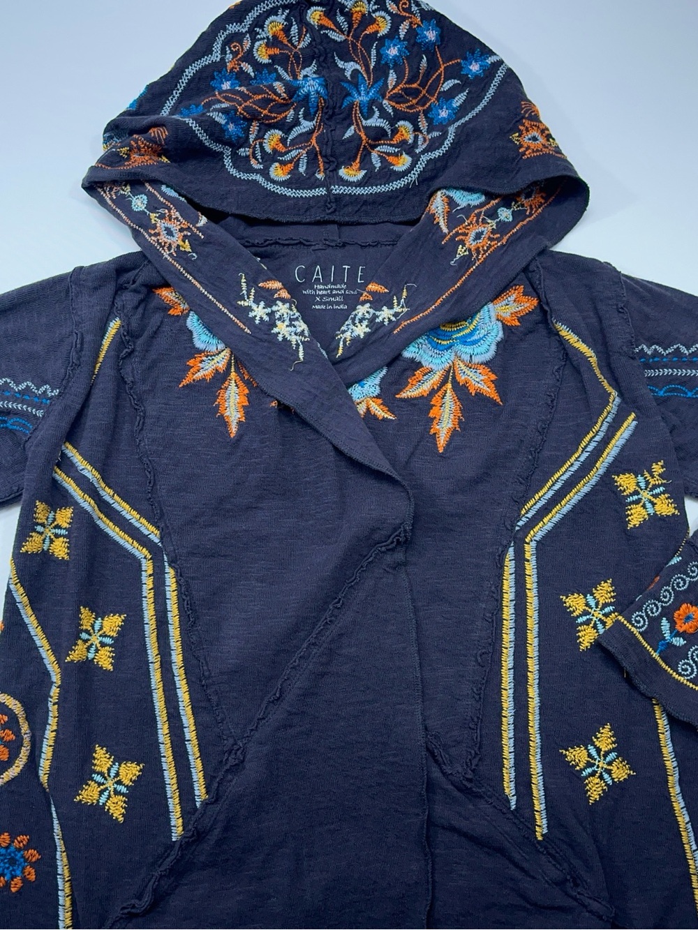 Caite Embroidered Open Front Cardigan Womens XS Hooded Pockets Hand Made India